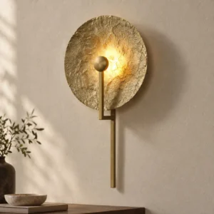 Textured Gold Disc Wall Light on Brass Straight Stem in brushed brass — front view