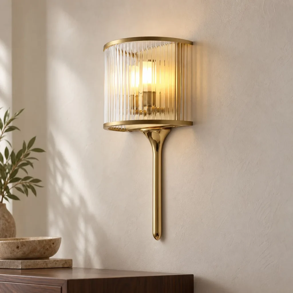 Brass Rod Wall Light with Ribbed Glass Drum Shade in brushed brass — front view