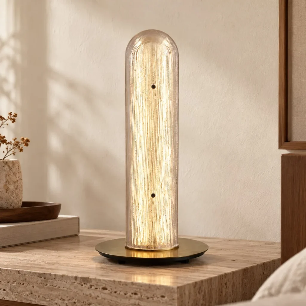 Gold Thread Glass Column Table Lamp in brushed brass — front view