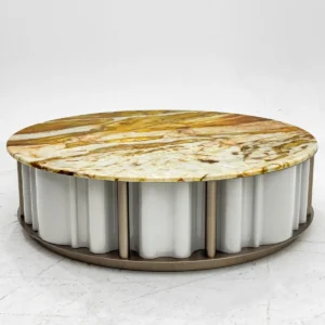 Round Gold Vein Stone Coffee Table on Fluted White Base in brushed brass — front view
