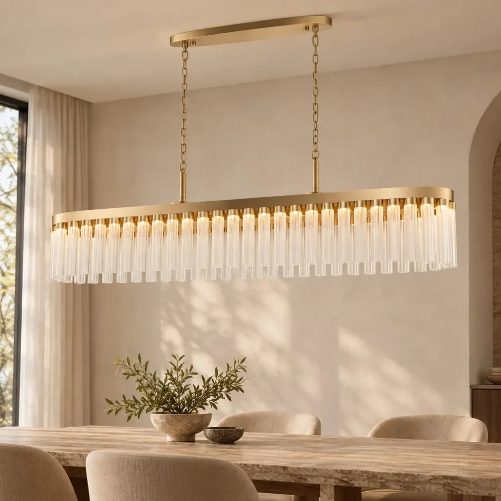Gold Vertical Crystal Linear Chandelier in brushed brass — front view