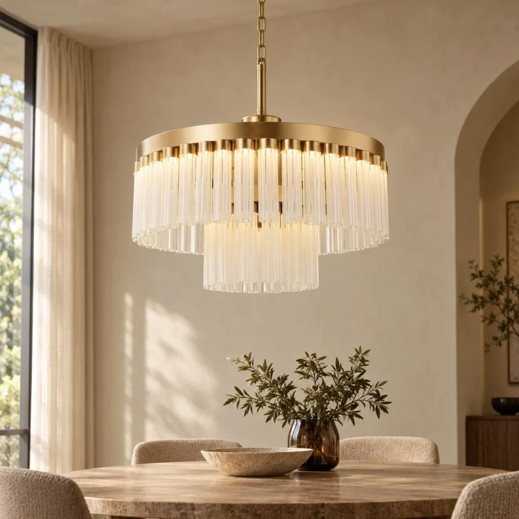 Gold Vertical Crystal Round Chandelier, Two Tiers in brushed brass — front view