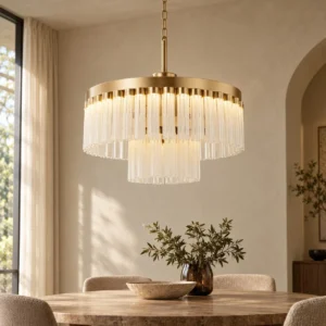Gold Vertical Crystal Round Chandelier, Two Tiers in brushed brass — front view