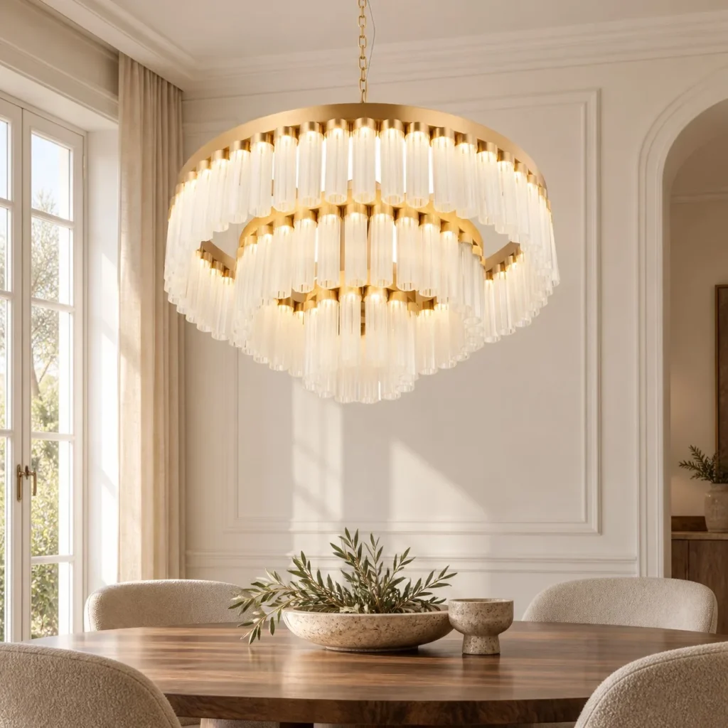 Gold Vertical Crystal Round Chandelier, Three Tiers in brushed brass — front view
