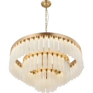 Gold Vertical Crystal Round Chandelier, Three Tiers in brushed brass — in a room setting