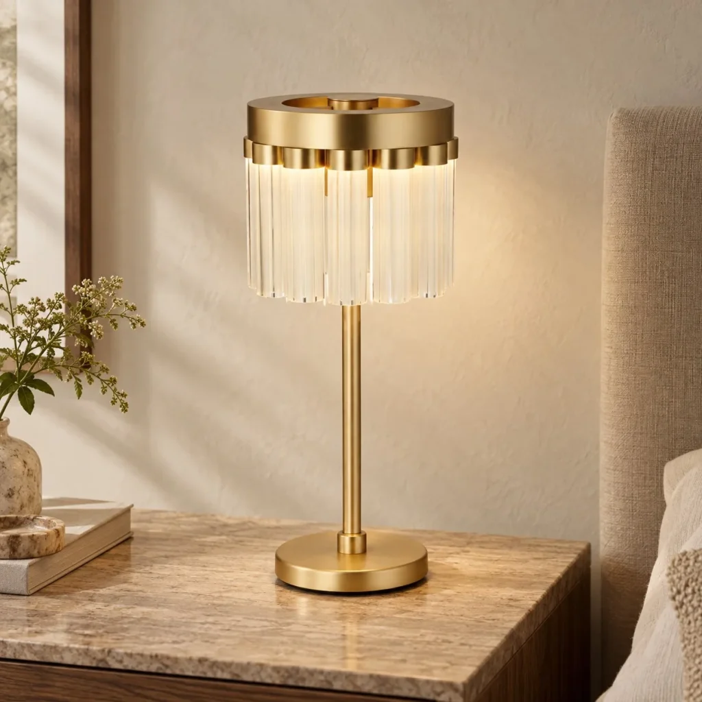 Brushed Brass Table Lamp with Crystal Rod Shade in brushed brass — front view