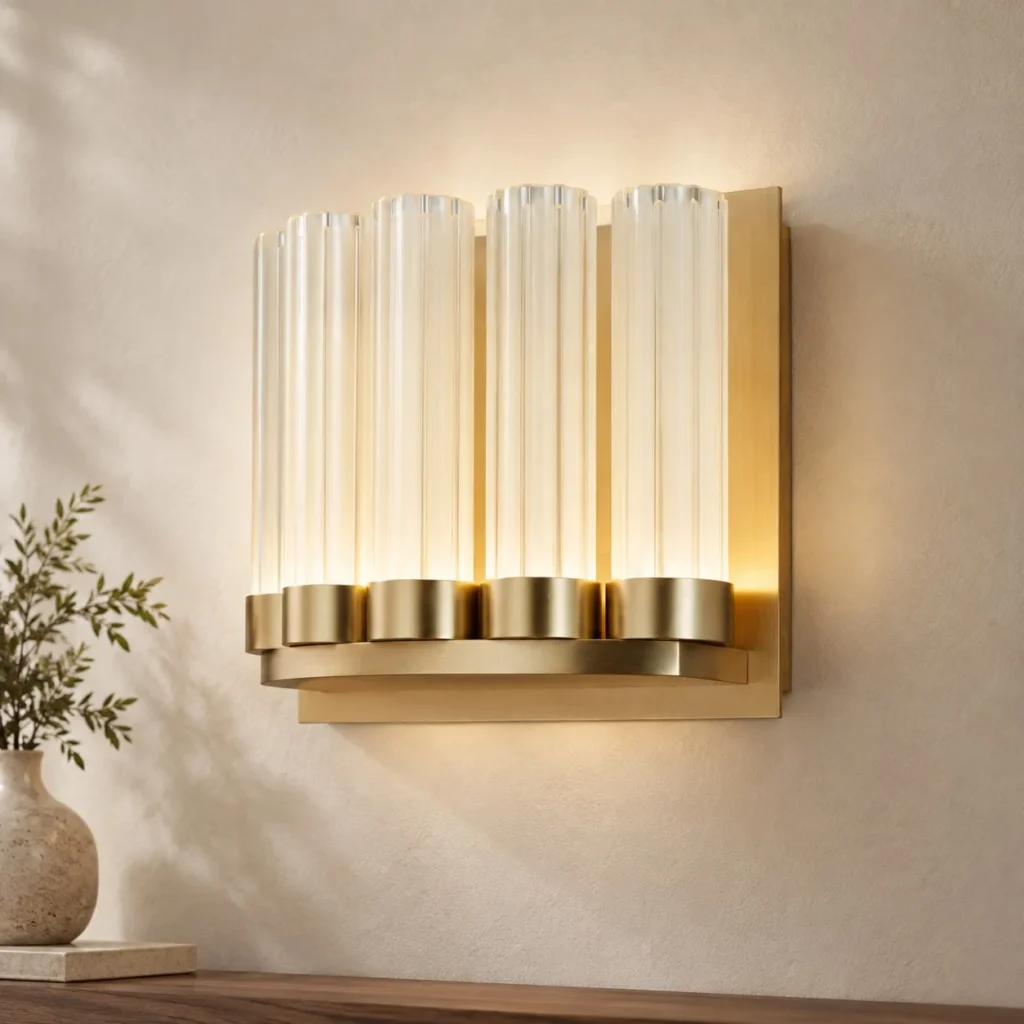 Brushed Brass Wall Light with Crystal Rod Shade in brushed brass — front view