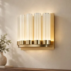 Brushed Brass Wall Light with Crystal Rod Shade in brushed brass — front view