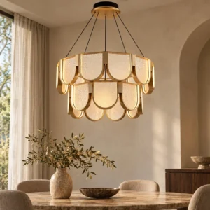 Gold Wave Layered Chandelier with Frosted Scales, Two Tiers in brushed brass — front view