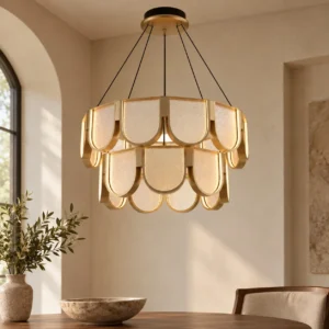 Gold Wave Layered Chandelier in brushed brass — front view