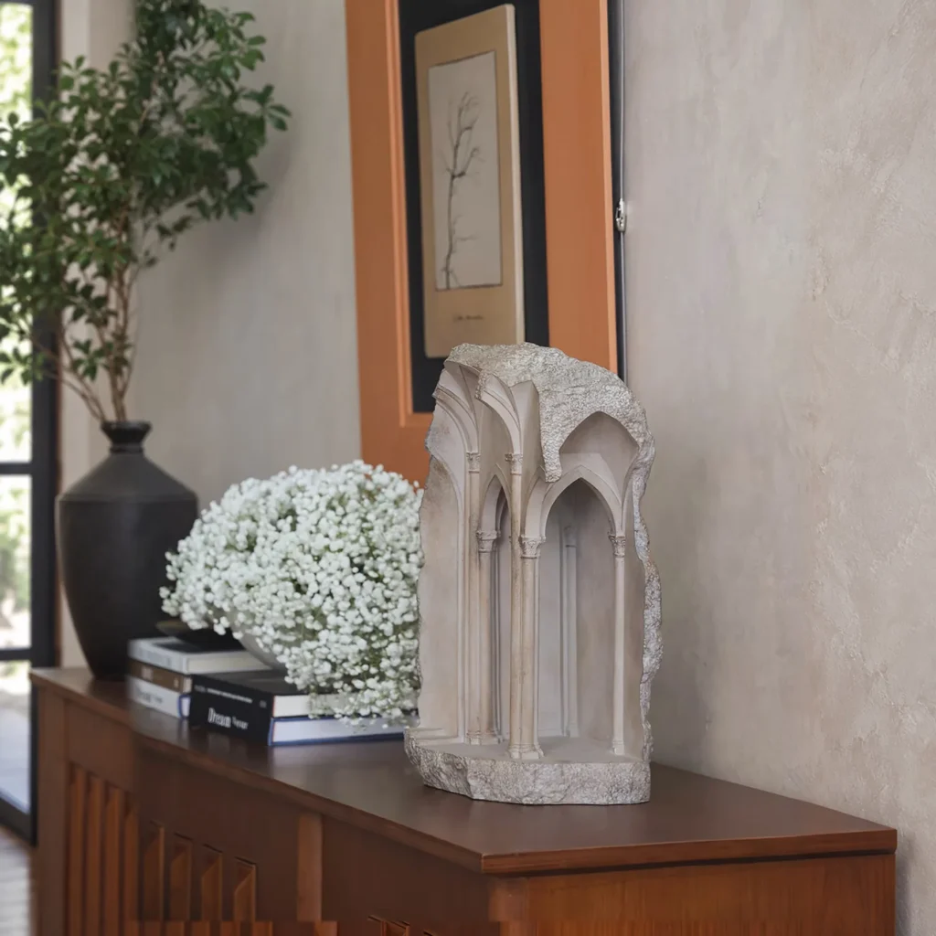 Gothic Arch Ruin Sculpture in Stone-Effect Finish — front view