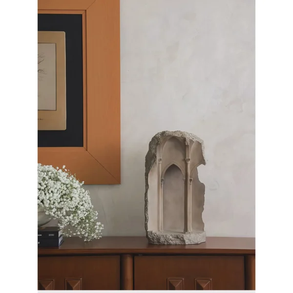 Gothic Arch Ruin Sculpture in Stone-Effect Finish — in a room setting