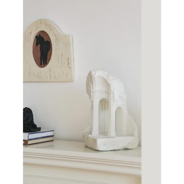 Gothic Arch Ruin Sculpture in Stone-Effect Finish — in a room setting