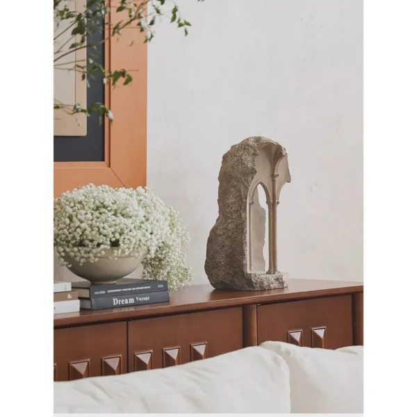 Gothic Arch Ruin Sculpture in Stone-Effect Finish — in a room setting
