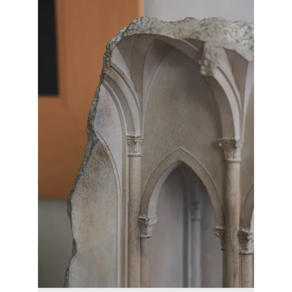 Gothic Arch Ruin Sculpture in Stone-Effect Finish — in a room setting
