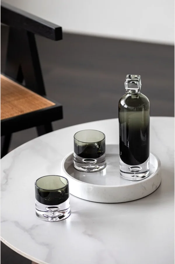 Gradient Smoked Glass Decanter and Tumbler Set in slate — in a room setting