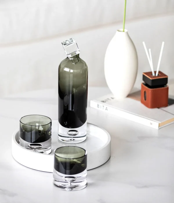 Gradient Smoked Glass Decanter and Tumbler Set in slate — in a room setting