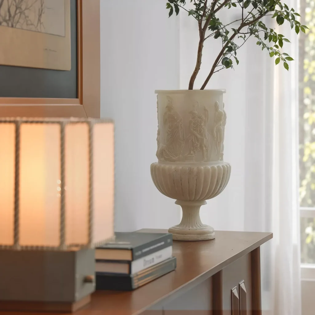 Jade-Effect Greek Frieze Relief Urn Vase in oatmeal — front view