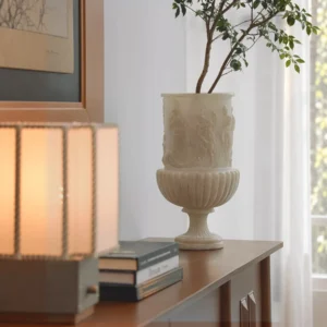 Jade-Effect Greek Frieze Relief Urn Vase in oatmeal — front view