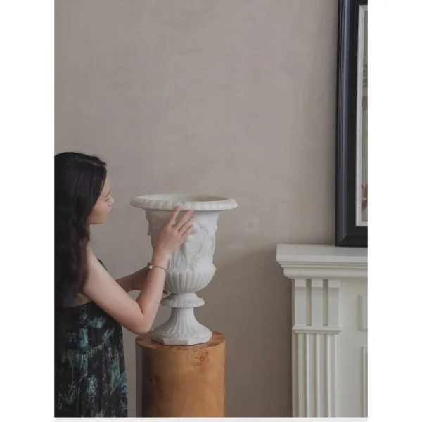 Jade-Effect Greek Frieze Relief Urn Vase in oatmeal — in a room setting
