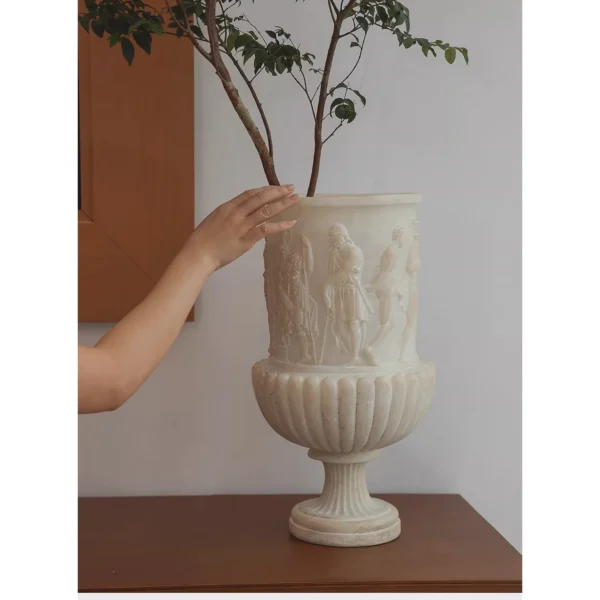 Jade-Effect Greek Frieze Relief Urn Vase in oatmeal — in a room setting