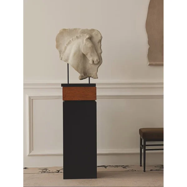 Greek Horse Relief Fragment on Black Metal Stand in ivory — in a room setting