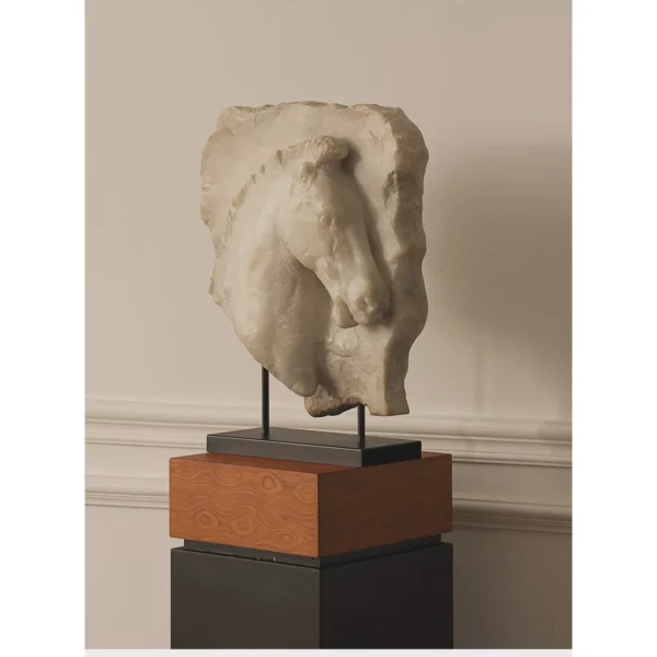 Greek Horse Relief Fragment on Black Metal Stand in ivory — in a room setting