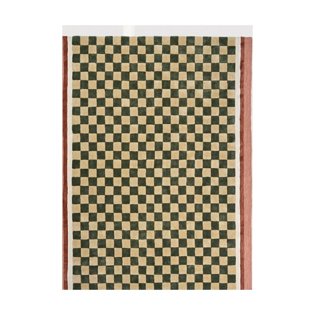 Green and Beige Checkerboard Rug with Red Stripe Border in olive — front view