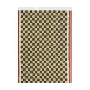 Green and Beige Checkerboard Rug with Red Stripe Border in olive — front view