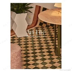 Green and Beige Checkerboard Rug with Red Stripe Border in olive — in a room setting