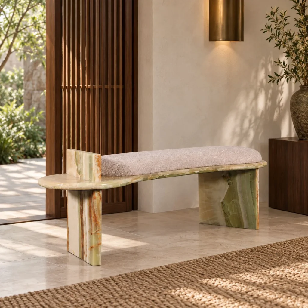 Green Onyx Curved Bench with Bouclé Cushion in olive — front view