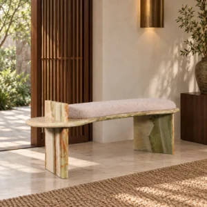 Green Onyx Curved Bench with Bouclé Cushion in olive — front view