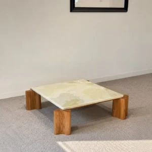 Green Jade Onyx Coffee Table on Curved Oak Legs in olive — front view
