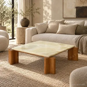 Green Jade Onyx Coffee Table on Curved Oak Legs in olive — in a room setting