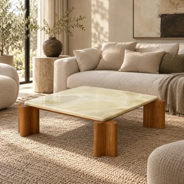 Green Jade Onyx Coffee Table on Curved Oak Legs in olive — in a room setting