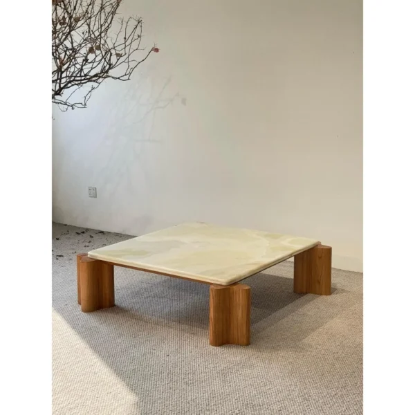 Green Jade Onyx Coffee Table on Curved Oak Legs in olive — in a room setting