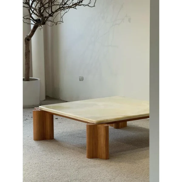 Green Jade Onyx Coffee Table on Curved Oak Legs in olive — in a room setting