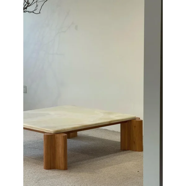 Green Jade Onyx Coffee Table on Curved Oak Legs in olive — in a room setting