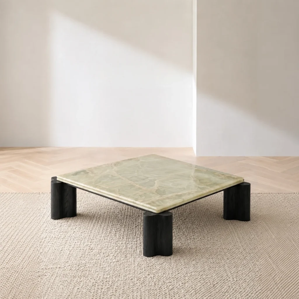 Green Jade Onyx Square Coffee Table on Black Fluted Legs in olive — front view