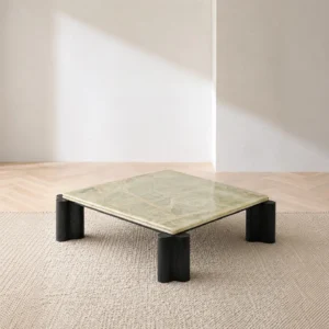 Green Jade Onyx Square Coffee Table on Black Fluted Legs in olive — front view