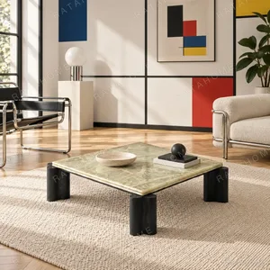 Green Jade Onyx Square Coffee Table on Black Fluted Legs in olive — in a room setting