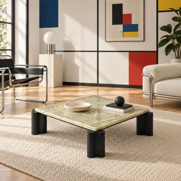 Green Jade Onyx Square Coffee Table on Black Fluted Legs in olive — in a room setting