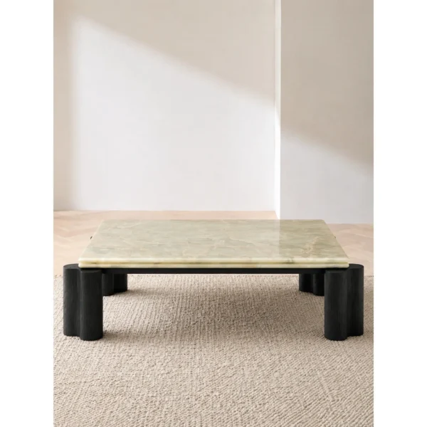 Green Jade Onyx Square Coffee Table on Black Fluted Legs in olive — in a room setting