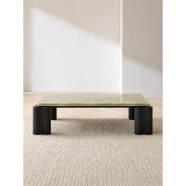 Green Jade Onyx Square Coffee Table on Black Fluted Legs in olive — in a room setting