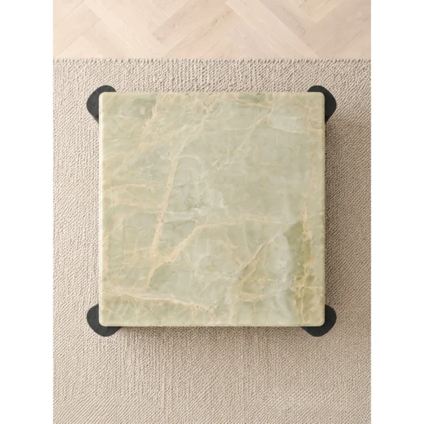 Green Jade Onyx Square Coffee Table on Black Fluted Legs in olive — in a room setting