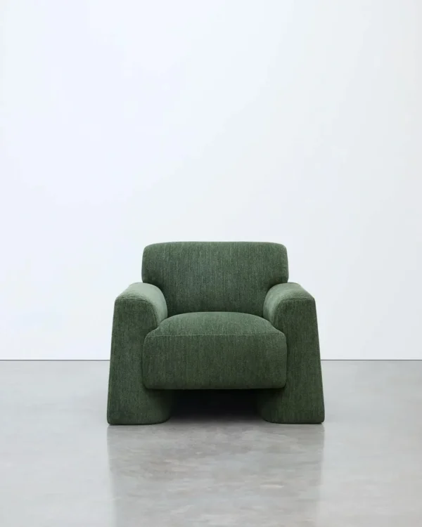 Forest Green Fully Upholstered Block Lounge Chair in olive — in a room setting