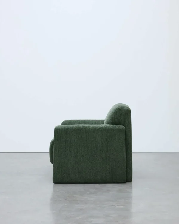 Forest Green Fully Upholstered Block Lounge Chair in olive — in a room setting
