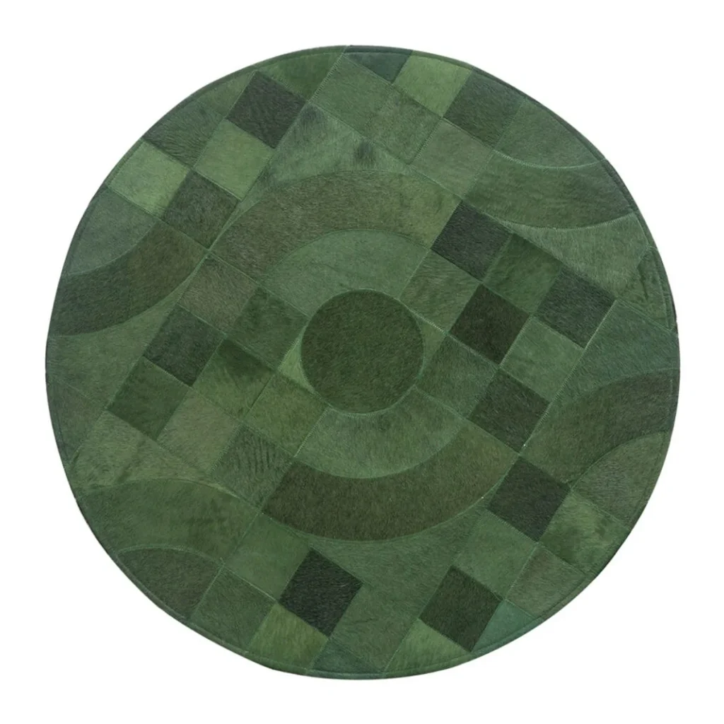 Green Cowhide Round Rug with Geometric Patchwork in olive — front view