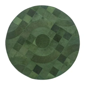 Green Cowhide Round Rug with Geometric Patchwork in olive — front view