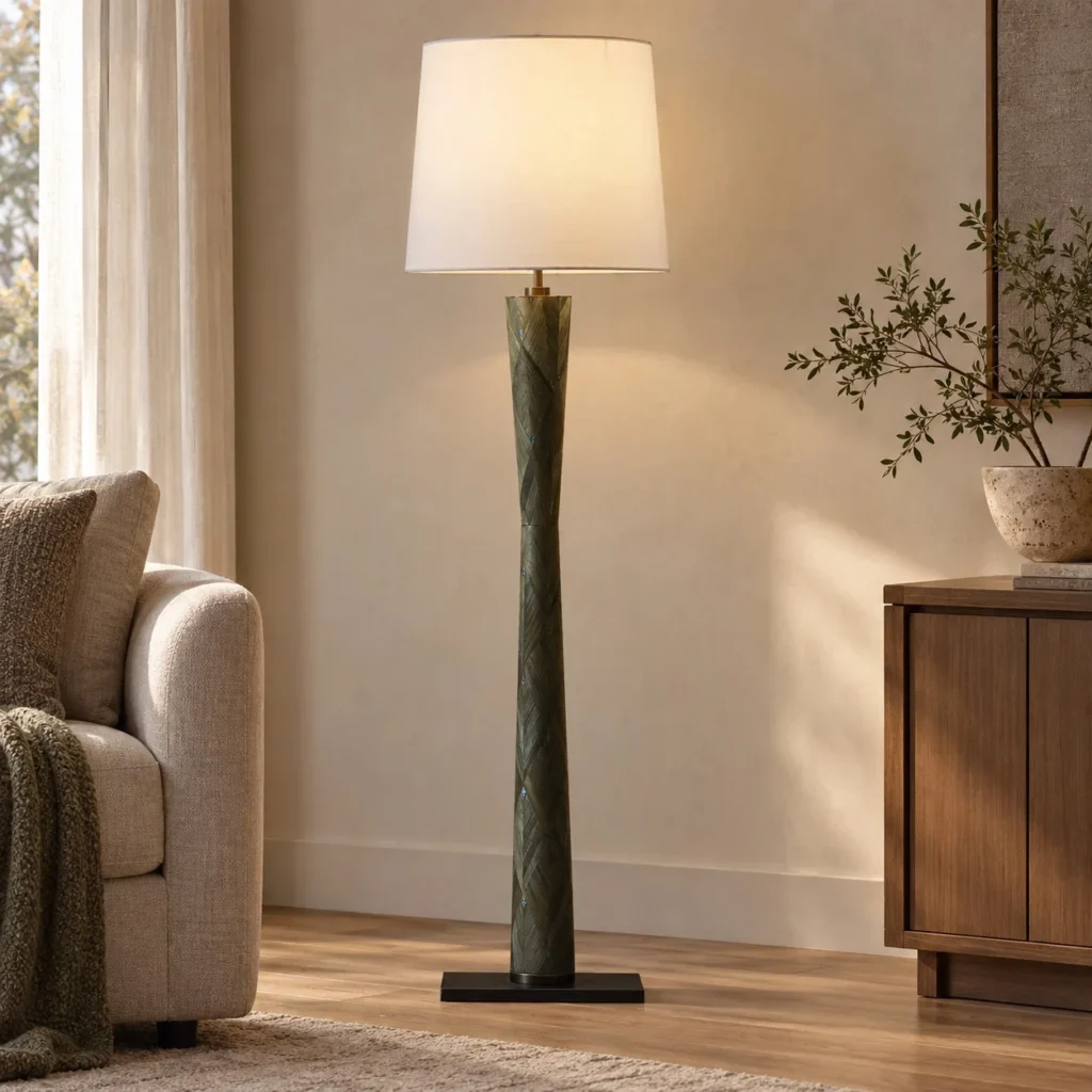 Green Prism Column Floor Lamp with Fabric Shade in olive — front view